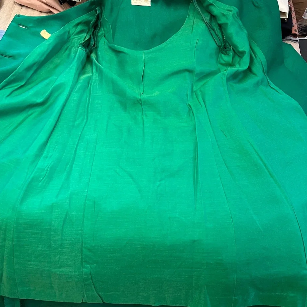 Vintage 1959–62 Emerald Shantung Cocktail Coat Crystal Buttons & Satin Bow‎ Belt - Picture 7 of 9
